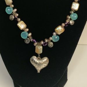 Vintage  Sterling Silver Pearl Gemstone Necklace